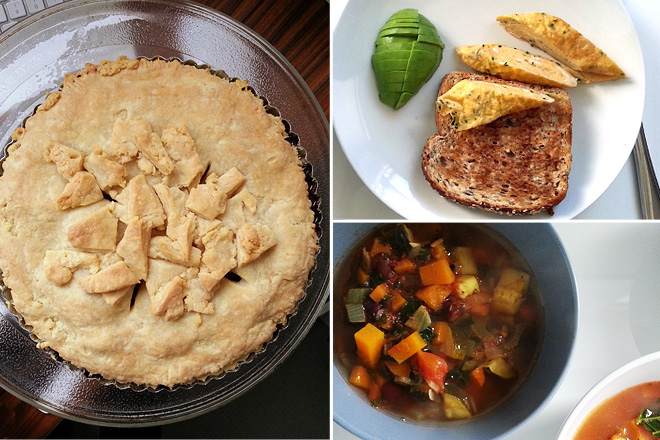Homemade cherry pie, omelette on toast with avocado, and minestrone soup!