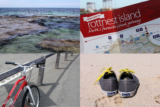 Rottnest Island waters, map, bike, and shoes off.