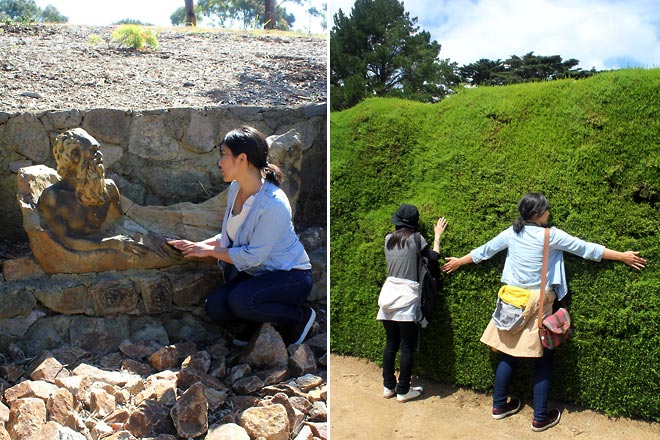 Left: Seawinds Gardens, Haruka posing with a William Ricketts sculpture. Right: Tomoko and Haruka hugging the hedges.