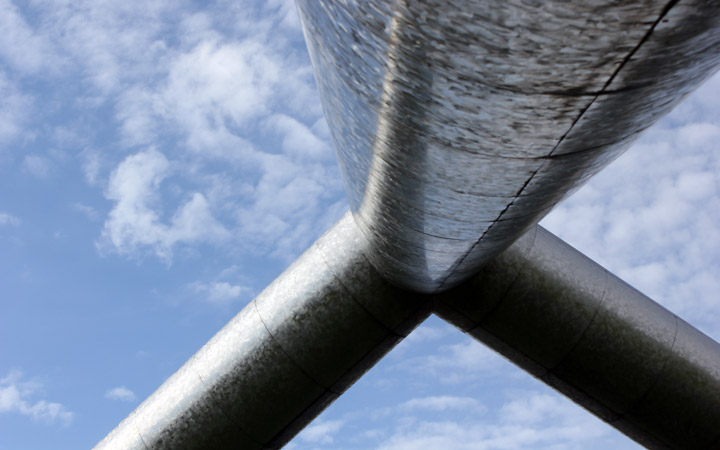 Moerenuma Park | Large pyramid-like sculpture from underneath, facing the sky.